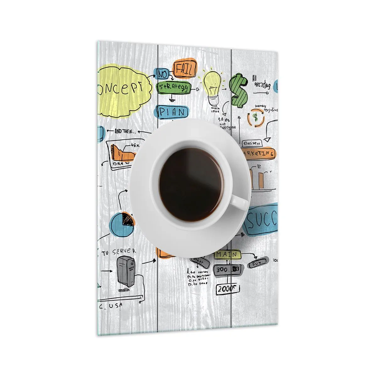 Glasbild - Bild auf glas - Eine Tasse Kaffee vor dem Hintergrund einer konzeptionellen Zeichnung - 70x100cm - Zeit für eine Pause - Moderne Wanddekoration für Wohnzimmer und Schlafzimmer ARTTOR