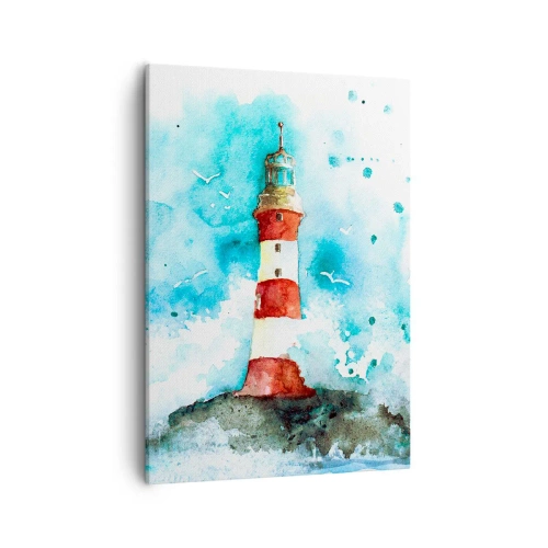 Bild auf Leinwand - Leinwandbild - Ein Leuchtturm in einer Aquarellumgebung mit blauem Hintergrund - 50x70cm - Einheit der Elemente - Moderne Wanddekoration für Wohnzimmer und Schlafzimmer ARTTOR