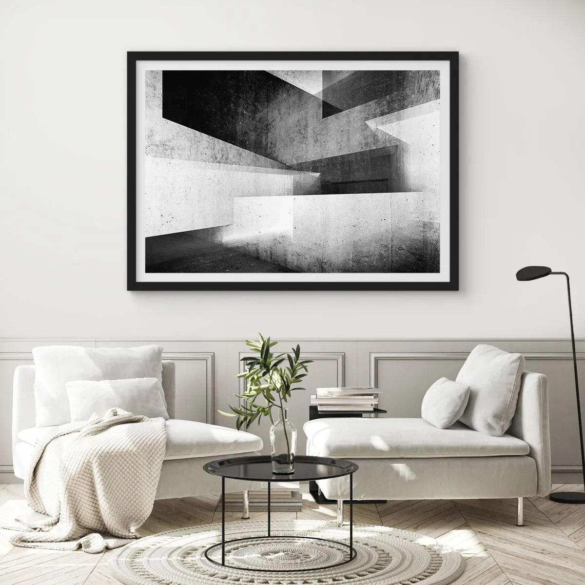 Poster in einem schwarzem Rahmen - Geometrische Formen in einer monochromen Komposition - 100x70cm - Die Raumstruktur - Moderne Wanddekoration für Wohnzimmer und Schlafzimmer ARTTOR