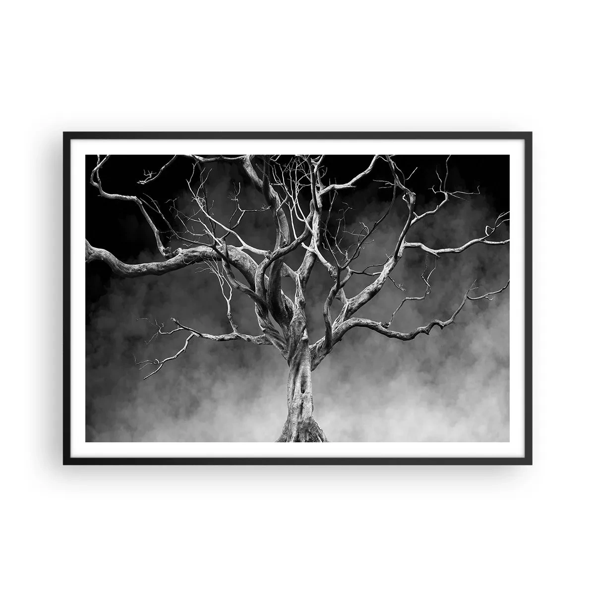 Poster in einem schwarzem Rahmen - Ein trockener Baum in Schwarz und Weiß gegen den Nebel - 100x70cm - Ursprünglich und heilig - Moderne Wanddekoration für Wohnzimmer und Schlafzimmer ARTTOR