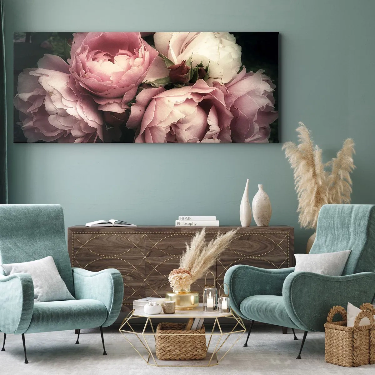 Bild auf Leinwand - Leinwandbild - Ein Strauß Rosen in zarten Rosa- und Weißtönen - 160x50cm - Der Charme der Belle Epoque - Moderne Wanddekoration für Wohnzimmer und Schlafzimmer ARTTOR