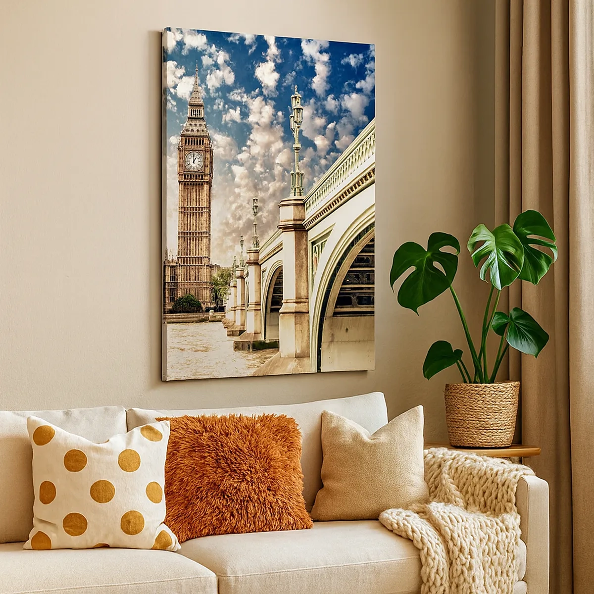 Bild auf Leinwand - Leinwandbild - Big Ben und Westminster Bridge im Sonnenlicht in London - 50x70cm - Federwolken über der Themse - Moderne Wanddekoration für Wohnzimmer und Schlafzimmer ARTTOR