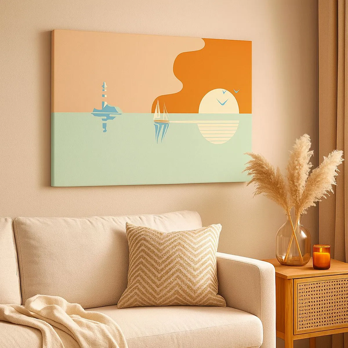 Bild auf Leinwand - Leinwandbild - Eine minimalistische Meereslandschaft mit einem Segelboot und einem Sonnenuntergang - 70x50cm - Die perfekte Meereslandschaft - Moderne Wanddekoration für Wohnzimmer und Schlafzimmer ARTTOR
