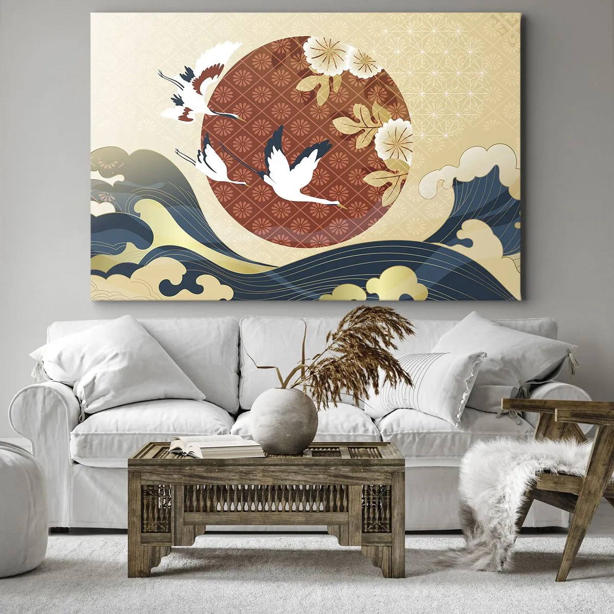 Bild auf Leinwand - Leinwandbild - Japanische Komposition mit Kranichen und Wellen - 70x50cm - Japanisches Märchen - Moderne Wanddekoration für Wohnzimmer und Schlafzimmer ARTTOR