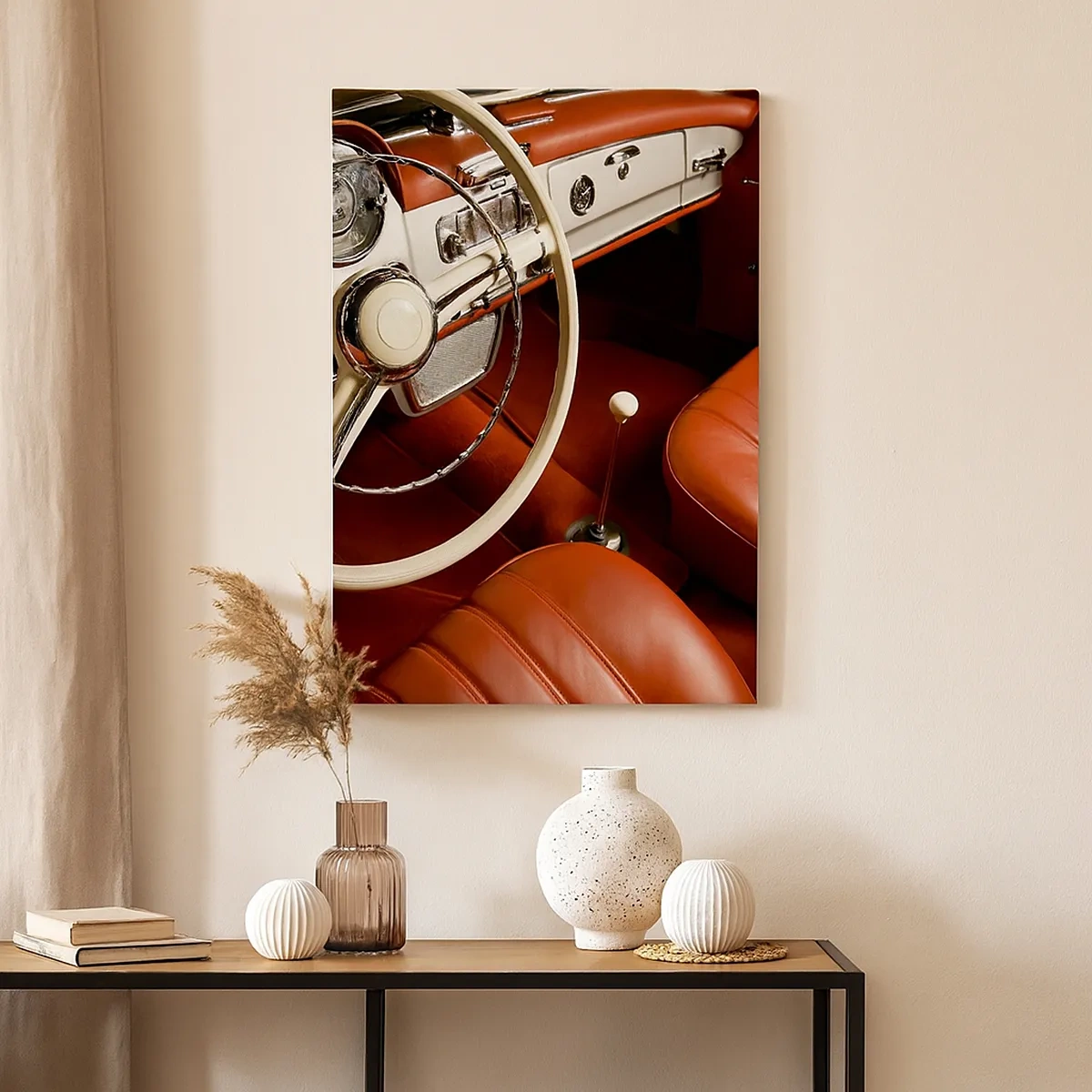 Bild auf Leinwand - Leinwandbild - Oldtimer-Innenraum mit roten Ledersitzen - 50x70cm - Luxus im Vintagestil - Moderne Wanddekoration für Wohnzimmer und Schlafzimmer ARTTOR