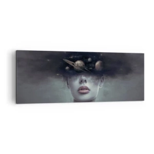 Bild auf Leinwand - Leinwandbild - Ein Frauengesicht mit einem Planeten- und Weltraummotiv im Hintergrund - 140x50cm - Und die Planeten spielen verrückt ... - Moderne Wanddekoration für Wohnzimmer und Schlafzimmer ARTTOR