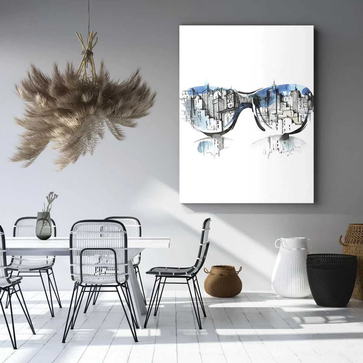 Bild auf Leinwand - Leinwandbild - Aquarell des Stadtpanoramas, das sich in den Gläsern spiegelt - 80x120cm - Großstadt-Chic - Moderne Wanddekoration für Wohnzimmer und Schlafzimmer ARTTOR