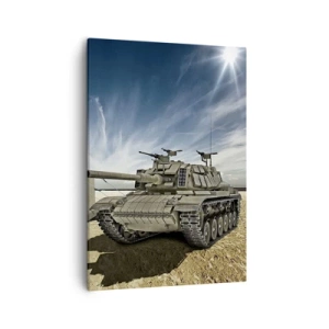 Bild auf Leinwand - Leinwandbild - Ein Panzer neben einem Militärzelt in einer Wüstengegend - 50x70cm - Ein militärischer Traum - Moderne Wanddekoration für Wohnzimmer und Schlafzimmer ARTTOR