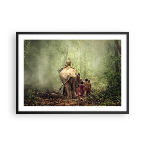 Poster in einem schwarzem Rahmen - Kinder mit einem Elefanten in einem grünen Wald im Morgenlicht - 70x50cm - Neues Dschungelbuch - Moderne Wanddekoration für Wohnzimmer und Schlafzimmer ARTTOR