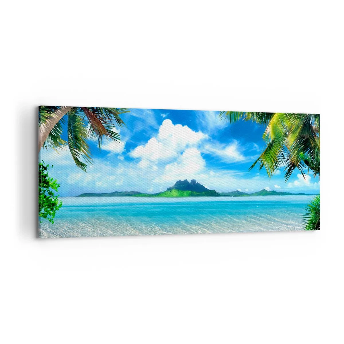 Bild auf Leinwand - Leinwandbild - Tropischer Strand mit Palmen und Blick auf die Insel - 120x50cm - Das Azurblau der Tropen - Moderne Wanddekoration für Wohnzimmer und Schlafzimmer ARTTOR