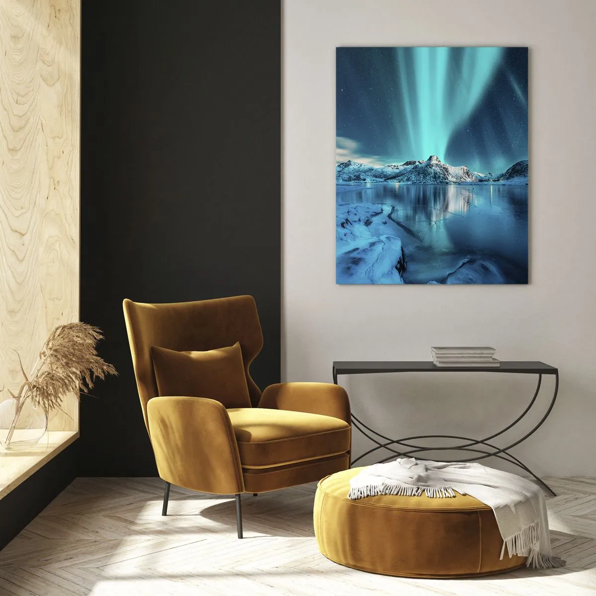 Glasbild - Bild auf glas - Aurora Borealis über schneebedeckten Bergen und einem See - 70x100cm - Lichtnacht - Moderne Wanddekoration für Wohnzimmer und Schlafzimmer ARTTOR