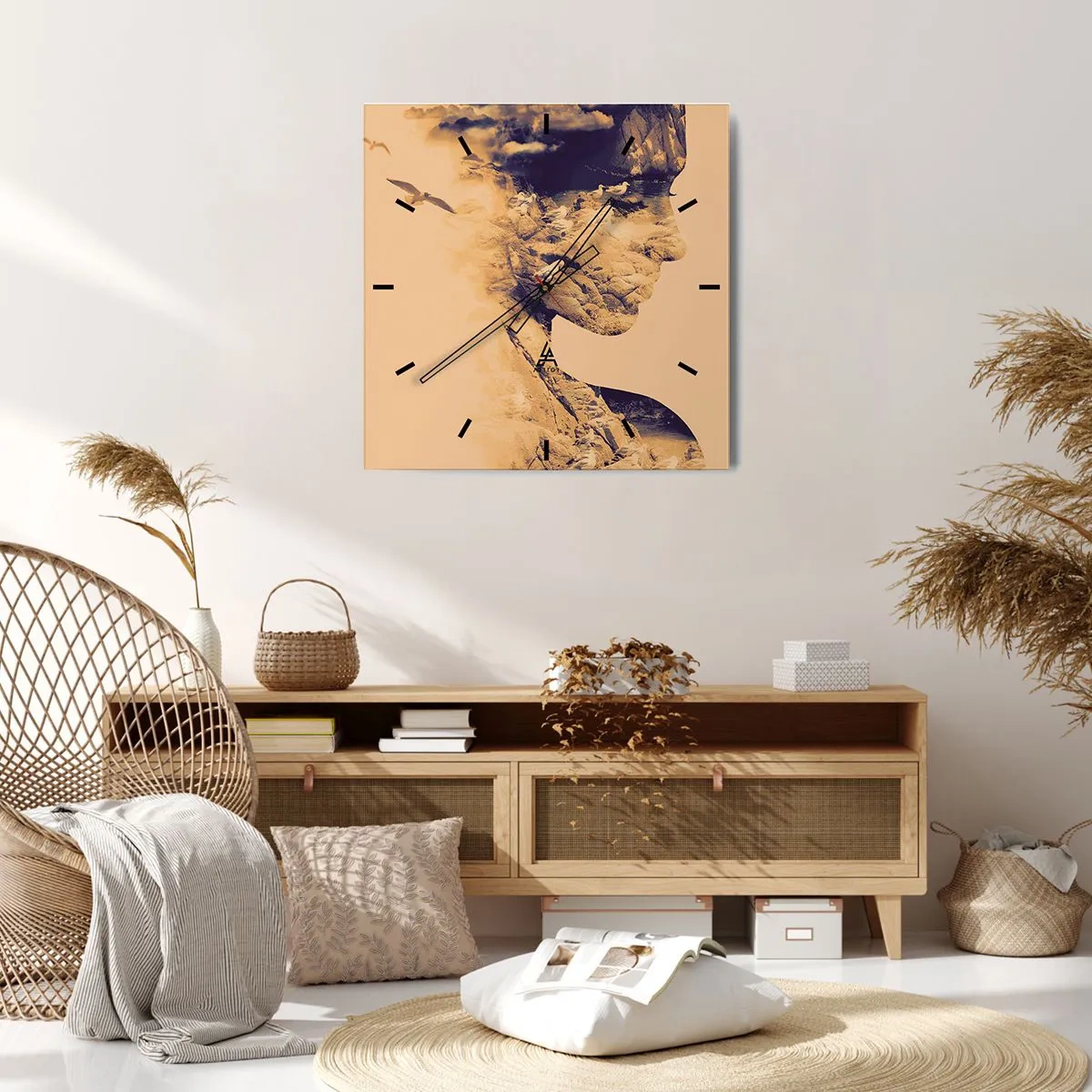 Wanduhr - Glasuhr - Profil einer Frau mit der Natur im Hintergrund in warmen Tönen - 30x30cm - Von Natur aus schön - Moderne Wanddekoration für Wohnzimmer und Schlafzimmer ARTTOR