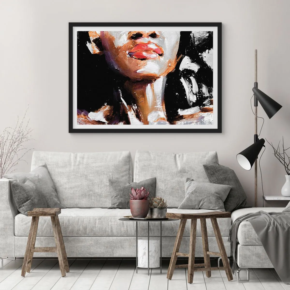 Poster in einem schwarzem Rahmen - Porträt einer Frau in ausdrucksstarkem malerischem Stil vor dunklem Hintergrund - 70x50cm - Stolz ohne Vorurteile - Moderne Wanddekoration für Wohnzimmer und Schlafzimmer ARTTOR