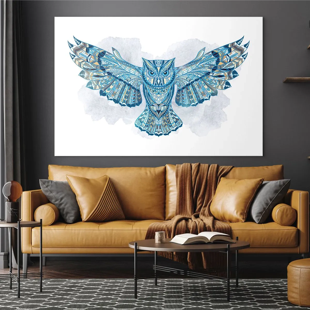 Glasbild - Bild auf glas - Blaue Eule mit ausgebreiteten Flügeln im geometrischen Stil - 120x80cm - Aus einem keltischen heiligen Hain - Moderne Wanddekoration für Wohnzimmer und Schlafzimmer ARTTOR