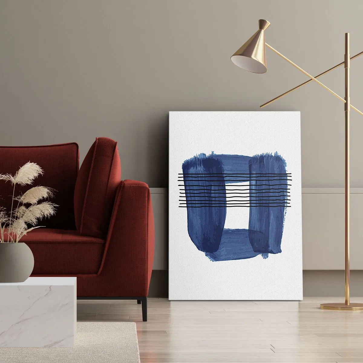 Bild auf Leinwand - Leinwandbild - Abstraktes Muster in Blautönen mit schwarzen Linien - 50x70cm - Blaue und schwarze Komposition - Moderne Wanddekoration für Wohnzimmer und Schlafzimmer ARTTOR