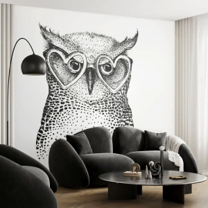 Fototapete Premium Sand - Eule mit herzförmiger Brille im Schwarz-Weiß-Stil - 100x70cm - Klug und mit Liebe - Moderne Wanddekoration für Wohnzimmer und Schlafzimmer ARTTOR