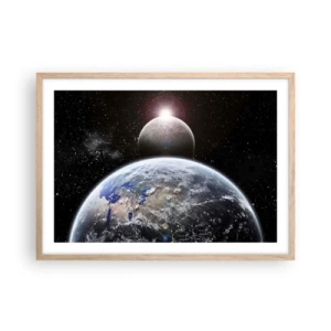 Poster in einem Rahmen aus heller Eiche - Weltraumlandschaft - Sonnenaufgang - 70x50 cm