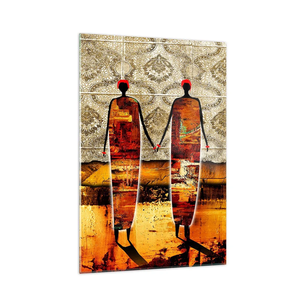 Glasbild - Bild auf glas - Ein abstraktes Figurenpaar vor einem Hintergrund aus goldenen Mustern und einer Landschaft. - 70x100cm - Ethnische Zusammensetzung in den Farben Afrikas - Moderne Wanddekoration für Wohnzimmer und Schlafzimmer ARTTOR