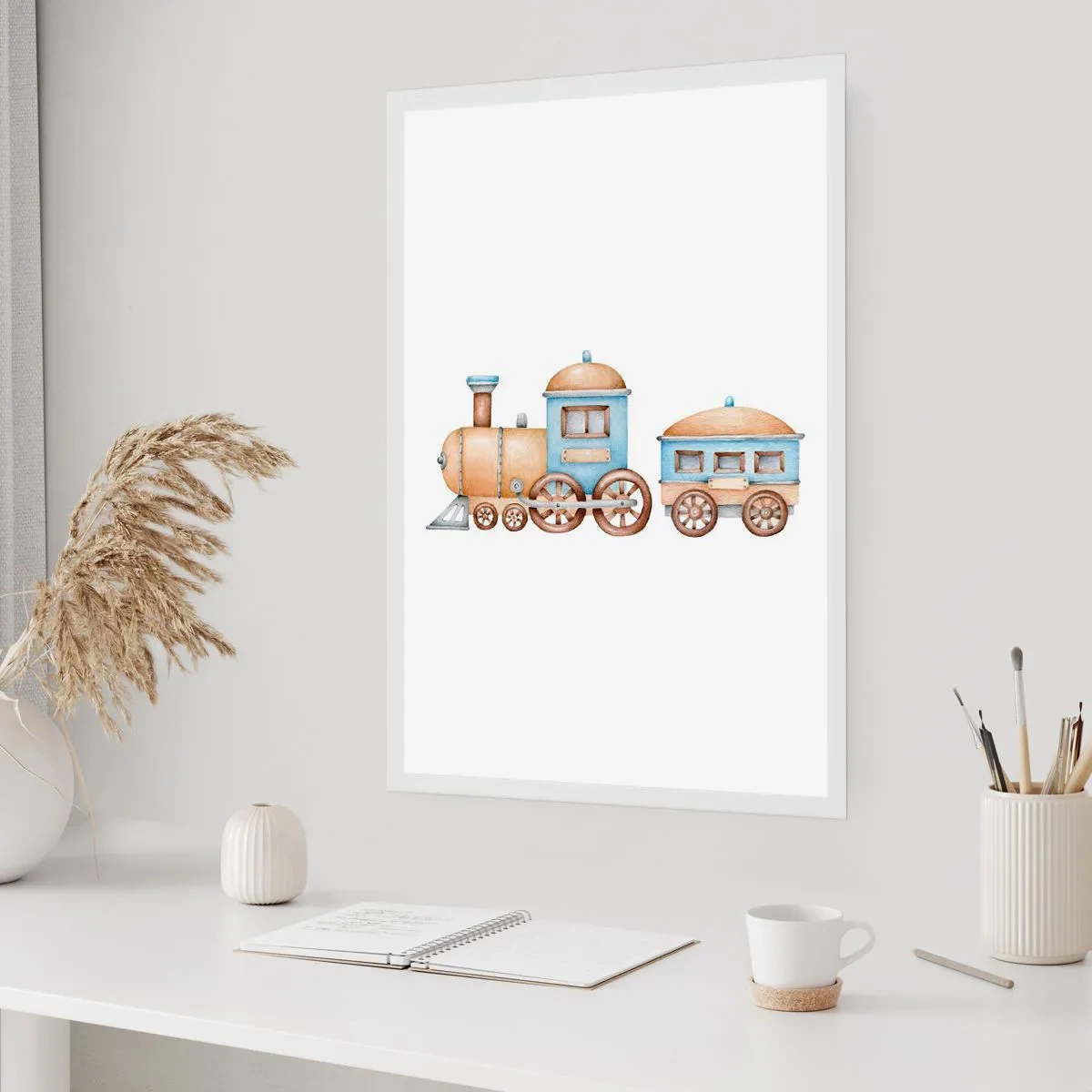 Poster - Aquarellzug in Blau- und Beigetönen - 50x70cm - Am Bahnhof steht ... - Moderne Wanddekoration für Wohnzimmer und Schlafzimmer ARTTOR