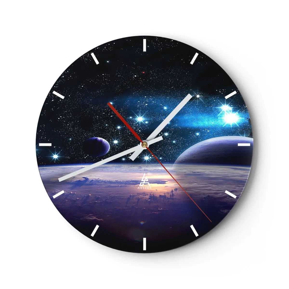 Wanduhr - Glasuhr - Weltraum mit Sternen, Planeten und einer Planetenoberfläche mit Atmosphäre - 30x30cm - Noch allein? - Moderne Wanddekoration für Wohnzimmer, Küche und Schlafzimmer ARTTOR