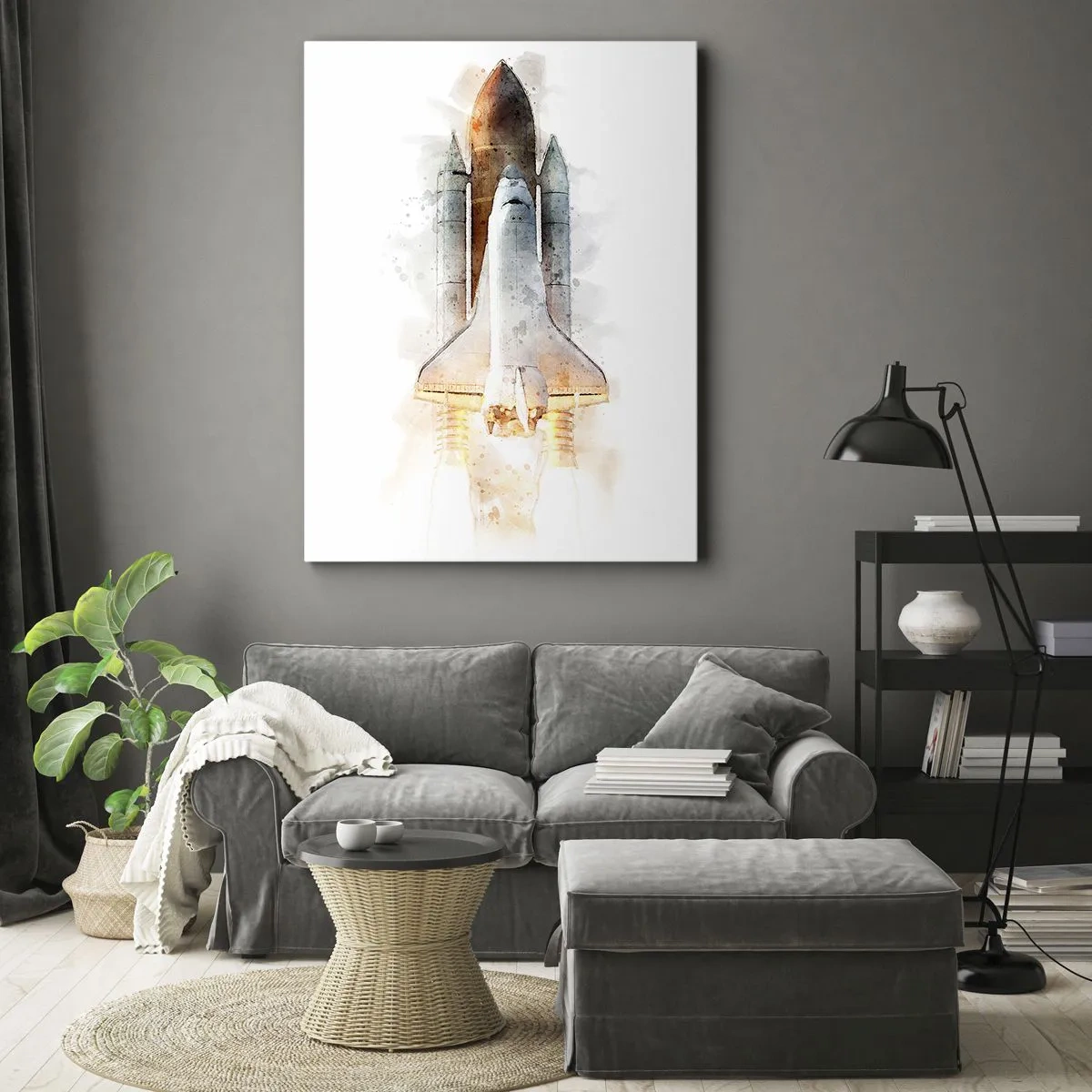 Bild auf Leinwand - Leinwandbild - Eine künstlerische Aquarell-Interpretation eines startenden Space Shuttles - 70x100cm - Entdecker für den Anfang - Moderne Wanddekoration für Wohnzimmer und Schlafzimmer ARTTOR