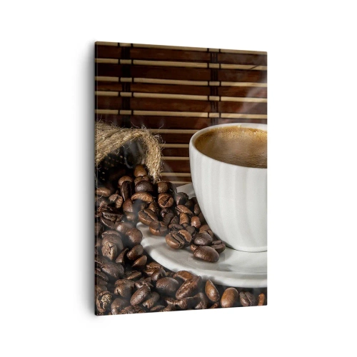 Bild auf Leinwand - Leinwandbild - Eine Tasse Kaffee mit Bohnen auf Bambus-Hintergrund - 50x70cm - Die Schwärze von Kohle, die Klarheit von Bernstein - Moderne Wanddekoration für Wohnzimmer und Schlafzimmer ARTTOR