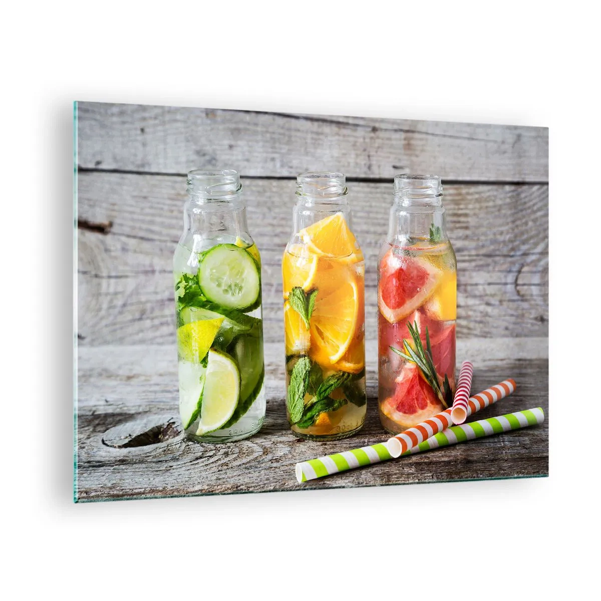 Glasbild - Bild auf glas - Flaschen mit Fruchtwasser und Kräutern auf einem hölzernen Hintergrund - 70x50cm - Von Natur aus gesund - Moderne Wanddekoration für Wohnzimmer und Schlafzimmer ARTTOR