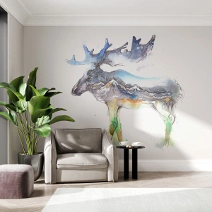 Fototapete Premium Sand - Silhouette eines Elches mit Berglandschaft und Nachthimmel - 100x70cm - Der Held eines Wintermärchens - Moderne Wanddekoration für Wohnzimmer und Schlafzimmer ARTTOR