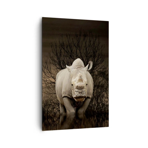 Bild auf Leinwand - Leinwandbild - Nashorn zwischen Bäumen bei Sonnenuntergang, wilde Natur. - 80x120cm - Weiß gegen die Natur - Moderne Wanddekoration für Wohnzimmer und Schlafzimmer ARTTOR