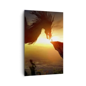Bild auf Leinwand - Leinwandbild - Ein Drache und ein Mann auf einem Felsen im Schein der untergehenden Sonne - 80x120cm - Drachentöter - Moderne Wanddekoration für Wohnzimmer und Schlafzimmer ARTTOR