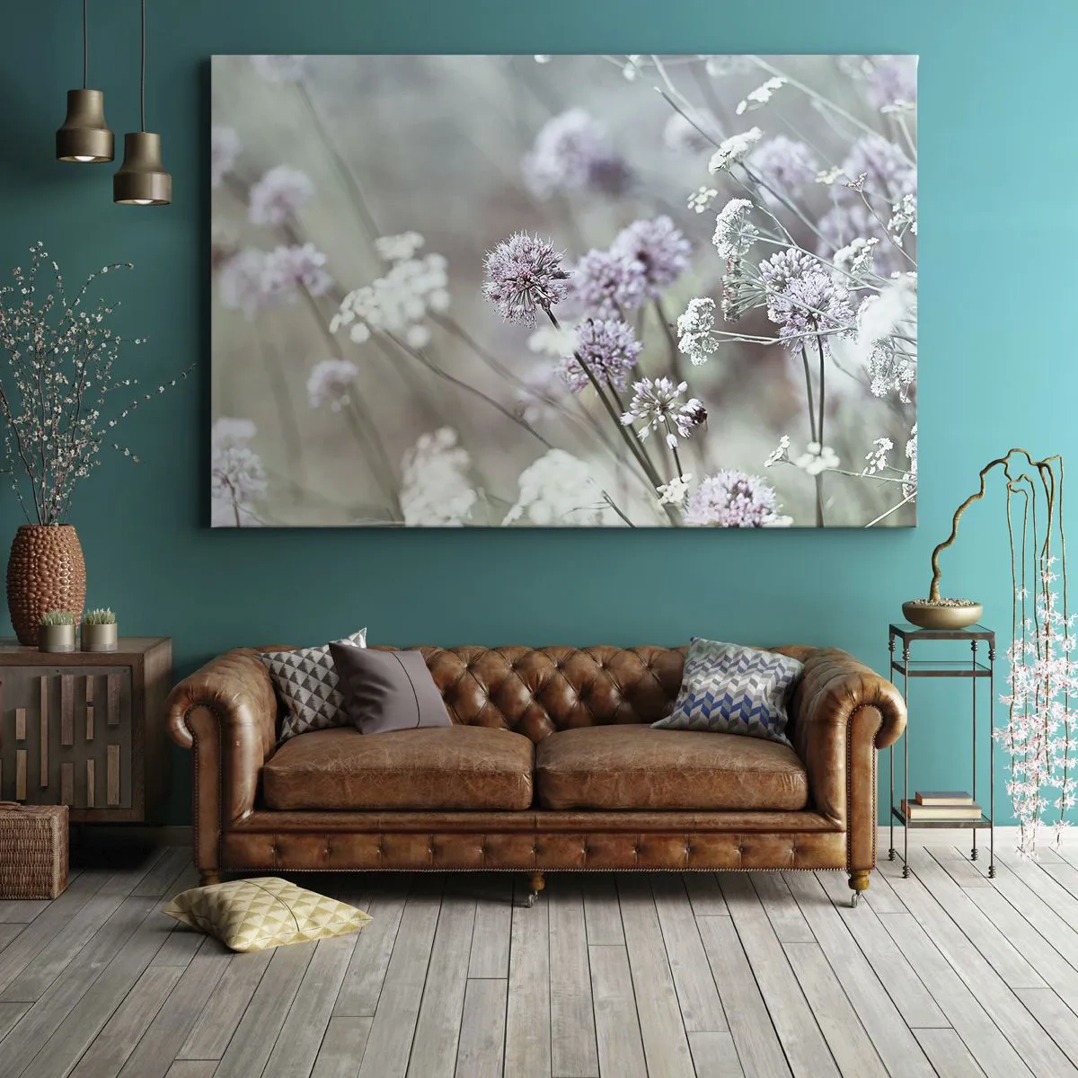 Bild auf Leinwand - Leinwandbild - Zarte Blüten in Pastelltönen - 100x70cm - Süße filigrane Kräuter - Moderne Wanddekoration für Wohnzimmer und Schlafzimmer ARTTOR