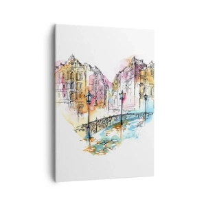 Bild auf Leinwand - Leinwandbild - Aquarell einer Brücke und herzförmigen Mietshäusern - 50x70cm - Das Herz der Stadt - Moderne Wanddekoration für Wohnzimmer und Schlafzimmer ARTTOR