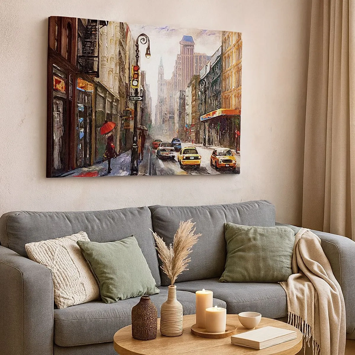 Bild auf Leinwand - Leinwandbild - Stadtbild mit einer Straße und gelben Taxis - 70x50cm - New York - auch im Regen bunt - Moderne Wanddekoration für Wohnzimmer und Schlafzimmer ARTTOR