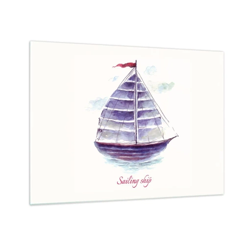 Glasbild - Bild auf glas - Aquarell Segelschiff mit der Aufschrift Segelschiff - 70x50cm - Volle Segel und ruhiges Wasser - Moderne Wanddekoration für Wohnzimmer und Schlafzimmer ARTTOR