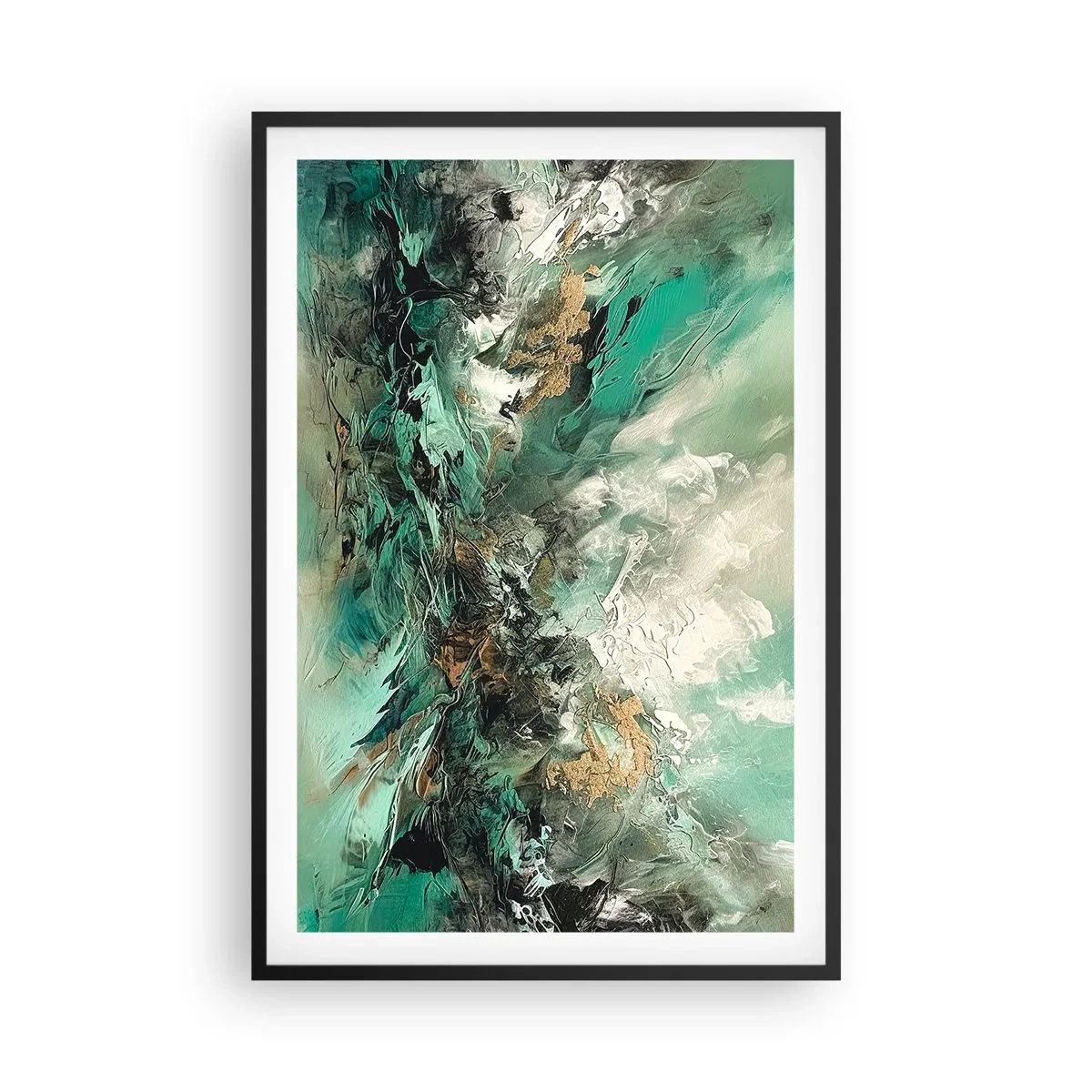 Poster in einem schwarzem Rahmen - Smaragdgrüne und schwarze Brandung - 61x91 cm
