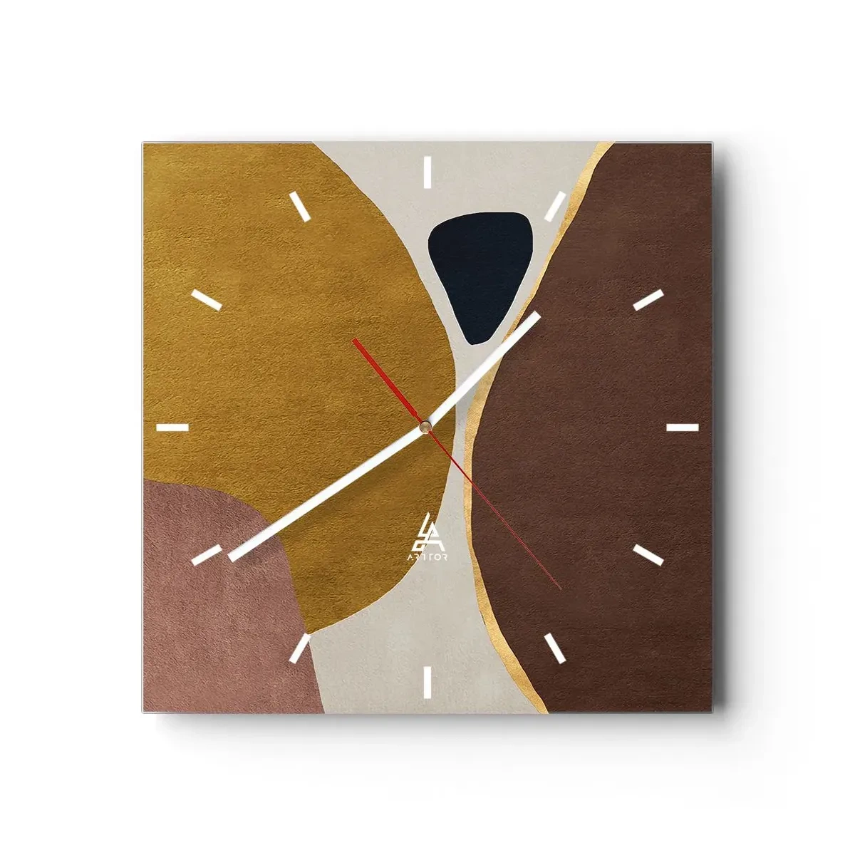 Wanduhr - Glasuhr - Eine abstrakte Komposition mit geometrischen Formen in warmen Farben. - 30x30cm - Abstraktion – ein Ort im Raum - Moderne Wanddekoration für Wohnzimmer und Schlafzimmer ARTTOR