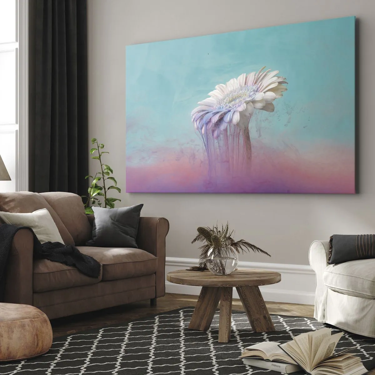 Bild auf Leinwand - Leinwandbild - Pastellfarbene Gerbera mit Unschärfeeffekt - 70x50cm - Blumenunterwelt - Moderne Wanddekoration für Wohnzimmer und Schlafzimmer ARTTOR