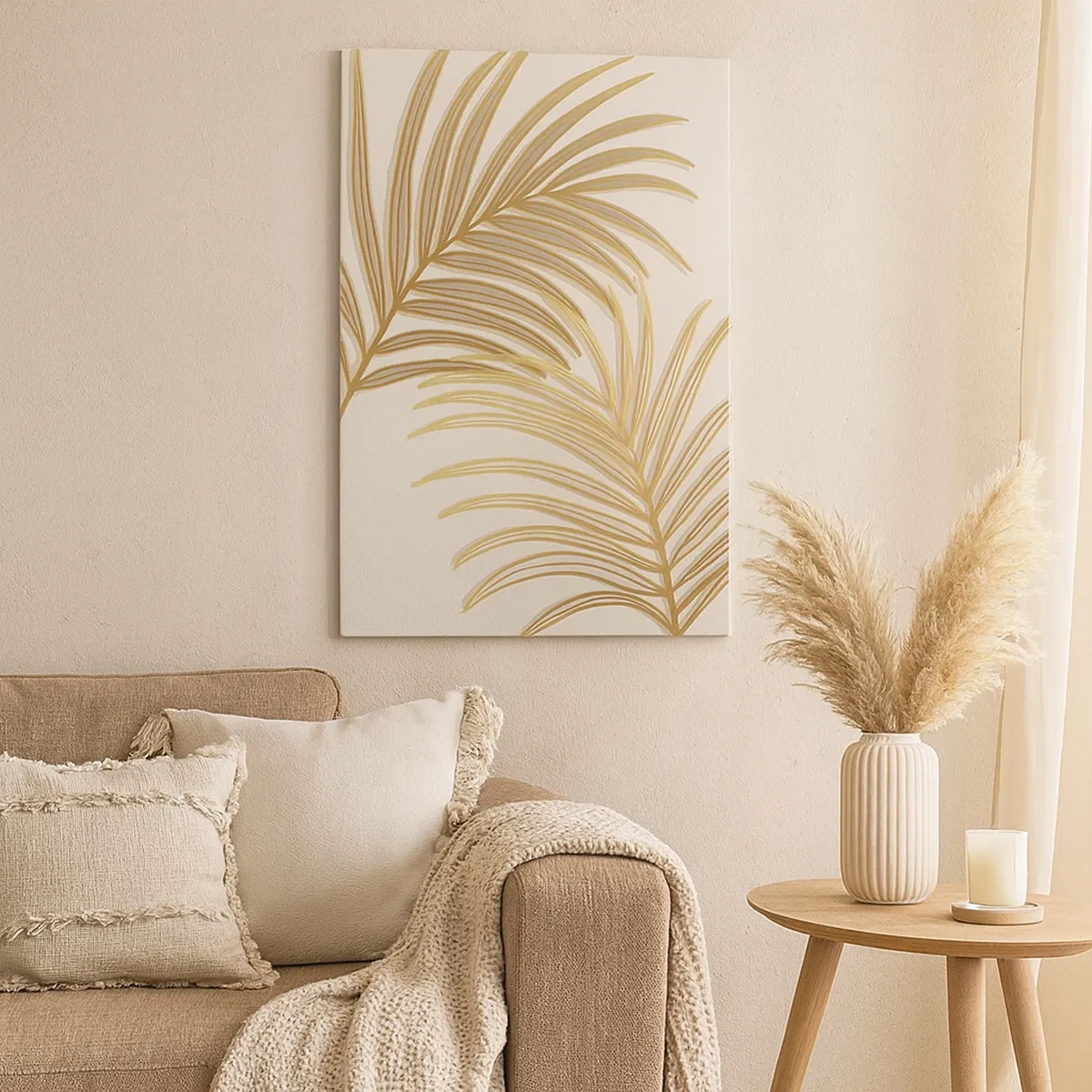 Bild auf Leinwand - Leinwandbild - Goldene Palmblätter auf hellem Hintergrund im minimalistischen Stil - 50x70cm - Goldene Palme! - Moderne Wanddekoration für Wohnzimmer und Schlafzimmer ARTTOR