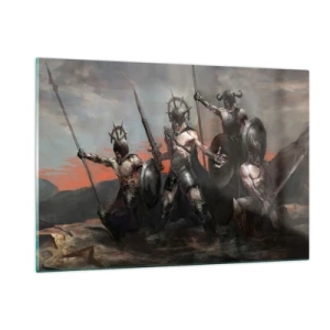 Glasbild - Bild auf glas - Krieger mit Speeren und Schilden vor dem roten Himmel - 120x80cm - Mit oder auf einem Schild - Moderne Wanddekoration für Wohnzimmer und Schlafzimmer ARTTOR