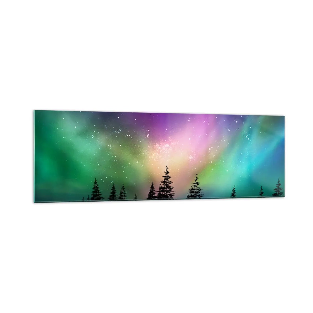 Glasbild - Bild auf glas - Aurora Borealis über einem Wald mit Sternenhimmel - 160x50cm - weiße Magie - Moderne Wanddekoration für Wohnzimmer und Schlafzimmer ARTTOR