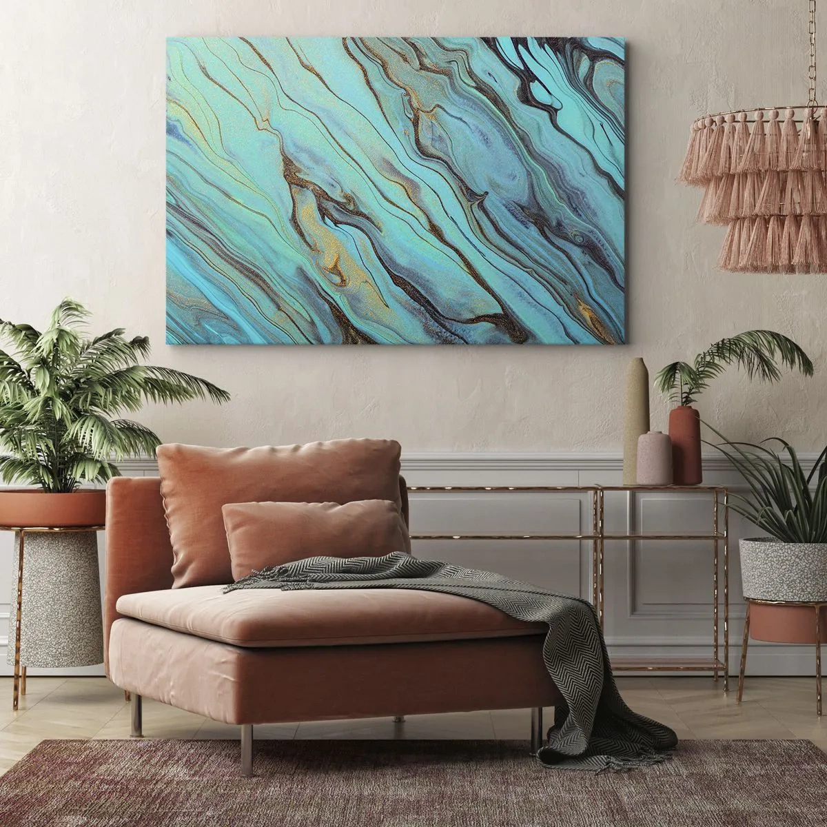 Bild auf Leinwand - Leinwandbild - Abstrakte Wellen in Türkis- und Goldtönen - 70x50cm - Türkisfarbene Flut - Moderne Wanddekoration für Wohnzimmer und Schlafzimmer ARTTOR