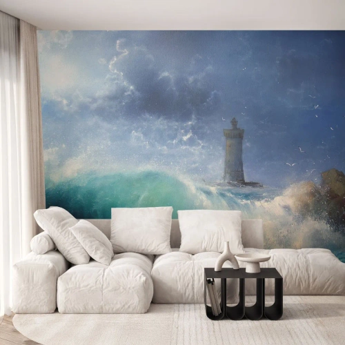 Selbstklebende Fototapete Deluxe Sticker - Auf der Hut vor den Elementen - Landschaft, Leuchtturm, Sturm - 400x280 cm