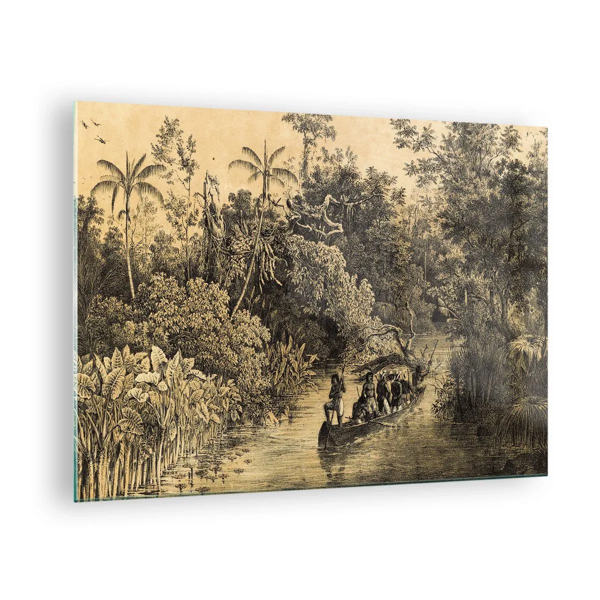 Glasbild - Bild auf glas - Retro-Druck, der eine Reise durch den Dschungel darstellt - 70x50cm - Expedition zur Quelle - Moderne Wanddekoration für Wohnzimmer und Schlafzimmer ARTTOR