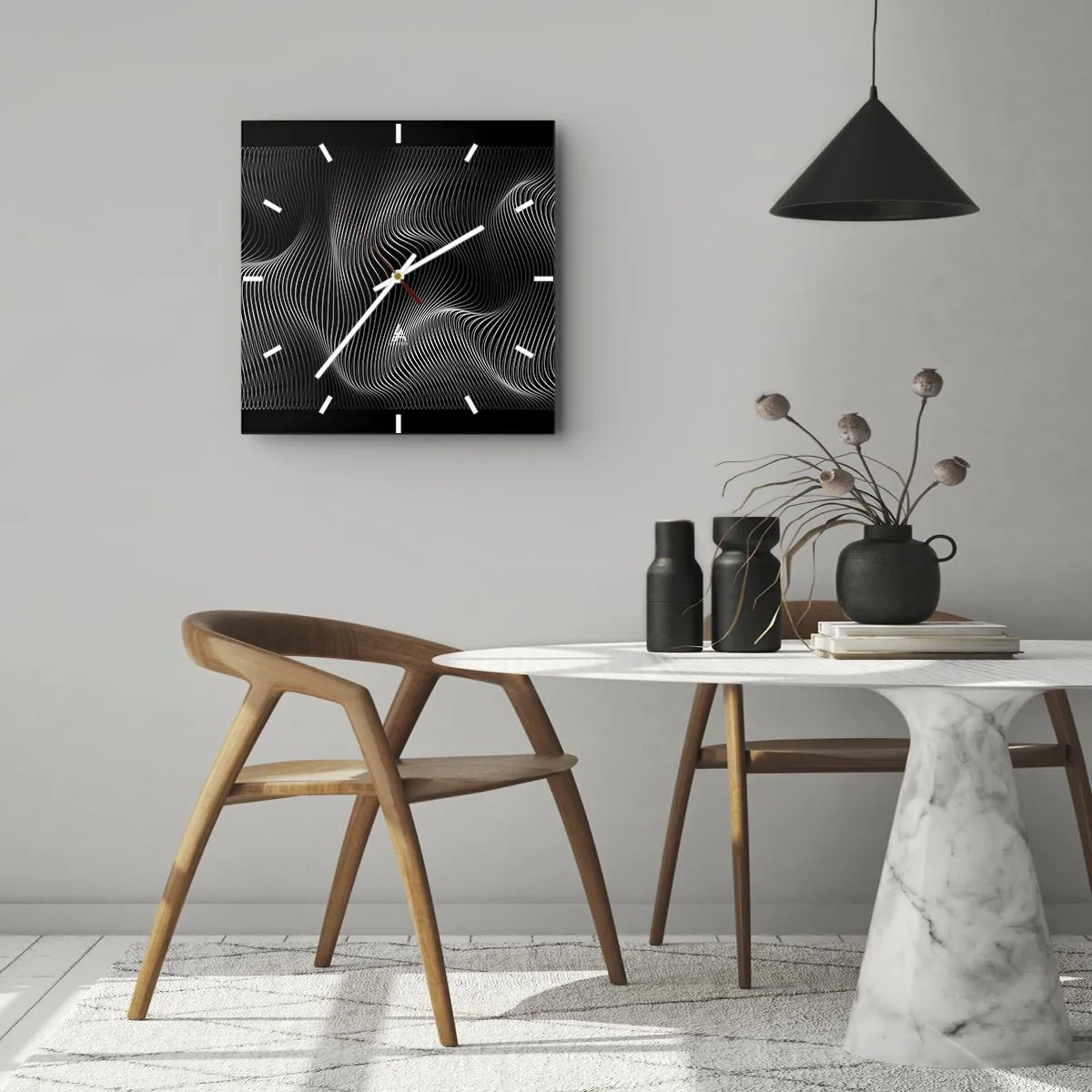 Wanduhr - Glasuhr - Abstrakte weiße Linien auf schwarzem Hintergrund - 30x30cm - Lichttanz im Raum - Moderne Wanddekoration für Wohnzimmer und Schlafzimmer ARTTOR
