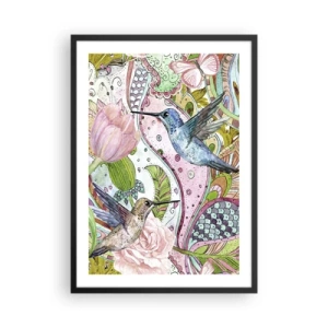 Poster in einem schwarzem Rahmen - Bunte Kolibris vor einem Hintergrund aus Blumen und Mustern - 50x70cm - Verstrickt in Weinreben - Moderne Wanddekoration für Wohnzimmer und Schlafzimmer ARTTOR