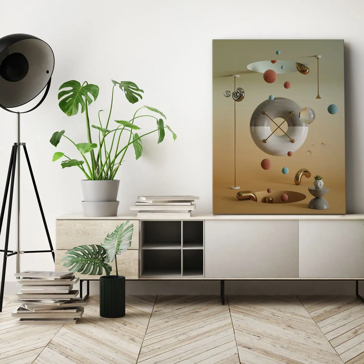 Bild auf Leinwand - Leinwandbild - Geometrische Figuren in Pastellfarben in surrealistischer Anordnung - 50x70cm - Alles kann passieren - Moderne Wanddekoration für Wohnzimmer und Schlafzimmer ARTTOR