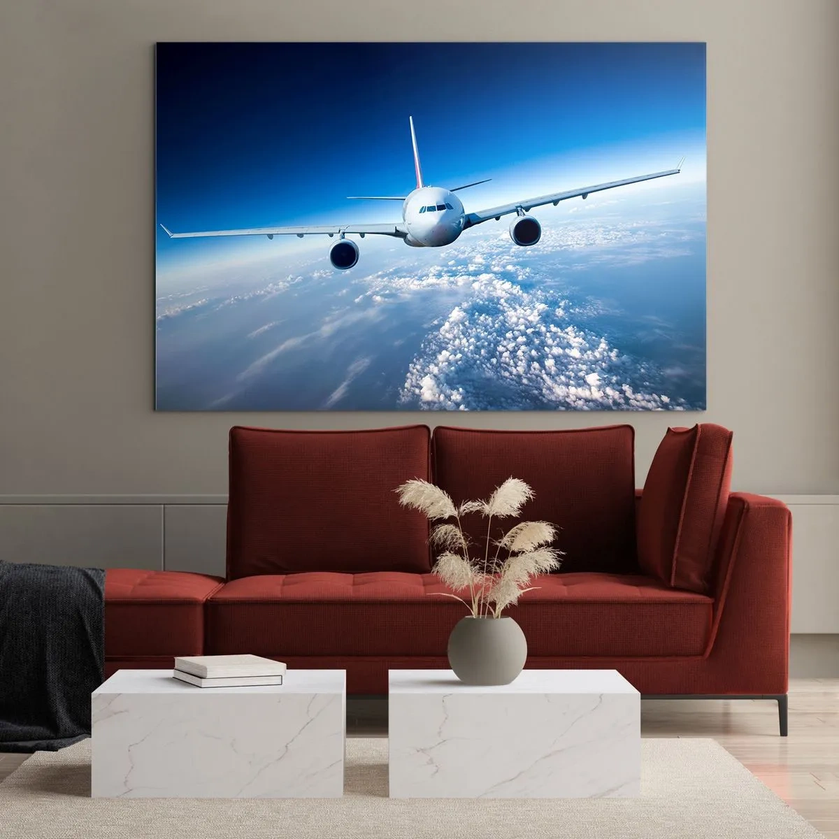 Glasbild - Bild auf glas - Ein Passagierflugzeug vor blauem Himmel und Wolken - 70x50cm - Ich fliege, weil ich es kann - Moderne Wanddekoration für Wohnzimmer und Schlafzimmer ARTTOR