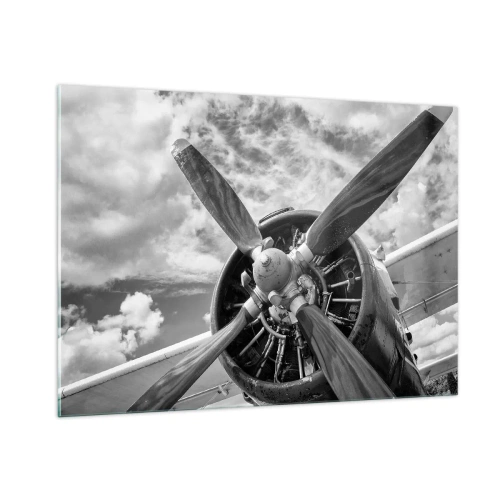 Glasbild - Bild auf glas - Eine Nahaufnahme eines Flugzeugpropellers in Schwarzweiß. - 100x70cm - Eroberer der Lüfte - Moderne Wanddekoration für Wohnzimmer und Schlafzimmer ARTTOR