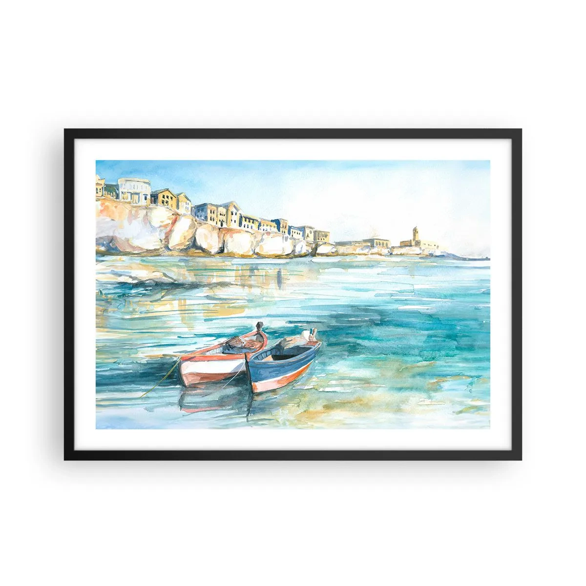 Poster in einem schwarzem Rahmen - Eine malerische Küstenlandschaft mit Booten auf dem Wasser - 70x50cm - Landschaft in Azurblau - Moderne Wanddekoration für Wohnzimmer und Schlafzimmer ARTTOR
