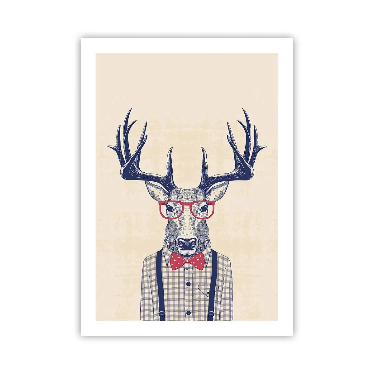 Poster - Stilvoller Hirsch mit Brille und Fliege auf beigem Hintergrund - 50x70cm - Eine lustige Extravaganz - Moderne Wanddekoration für Wohnzimmer und Schlafzimmer ARTTOR